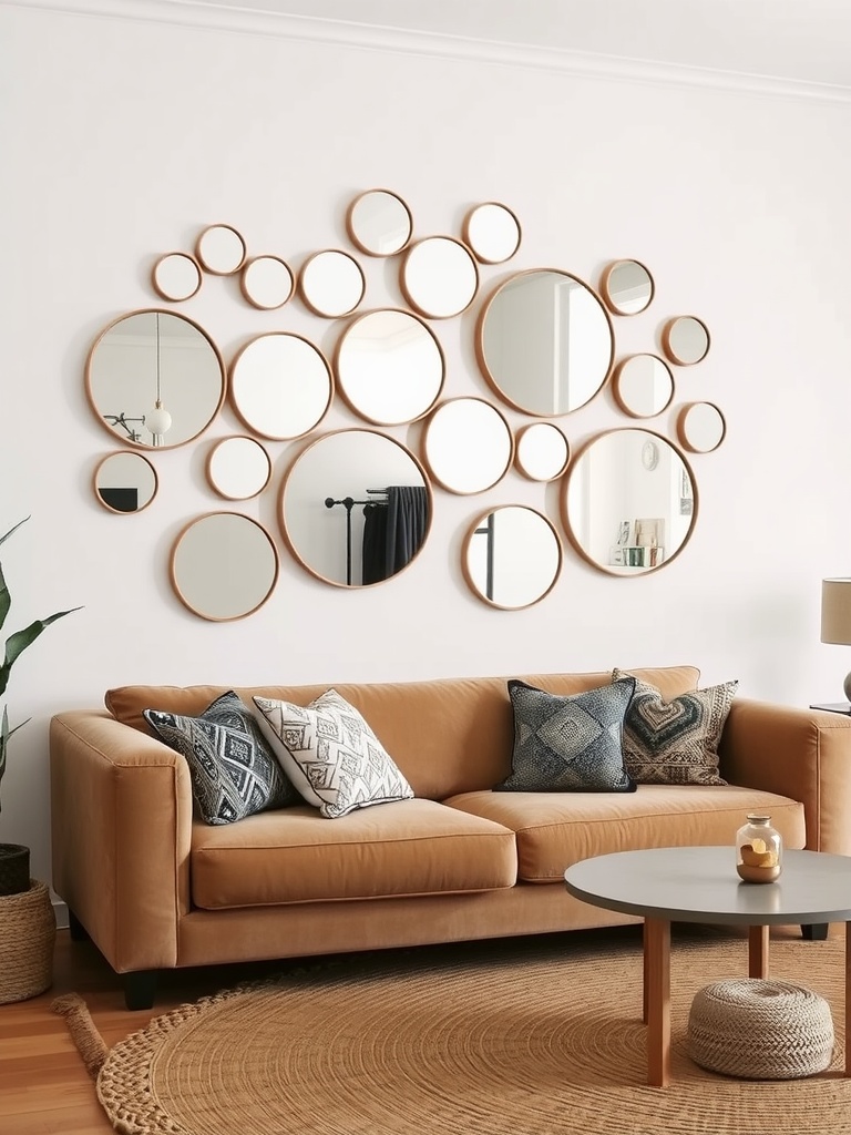 A cozy living room featuring a wall adorned with various round mirrors and a warm beige couch with patterned pillows.