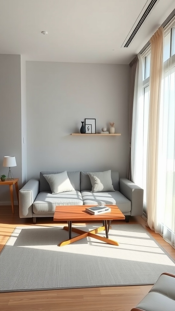 A cozy Japandi living room with a gray sofa, wooden coffee table, and minimalist decor.