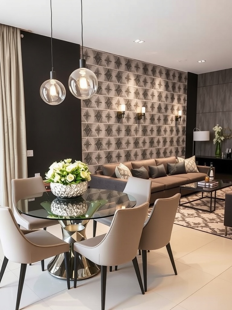 Modern living and dining room combo with accent wall, glass table, and stylish decor.