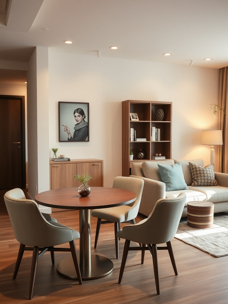 Cozy small living room and dining room combo with a round table, soft sofa, and wooden shelves.