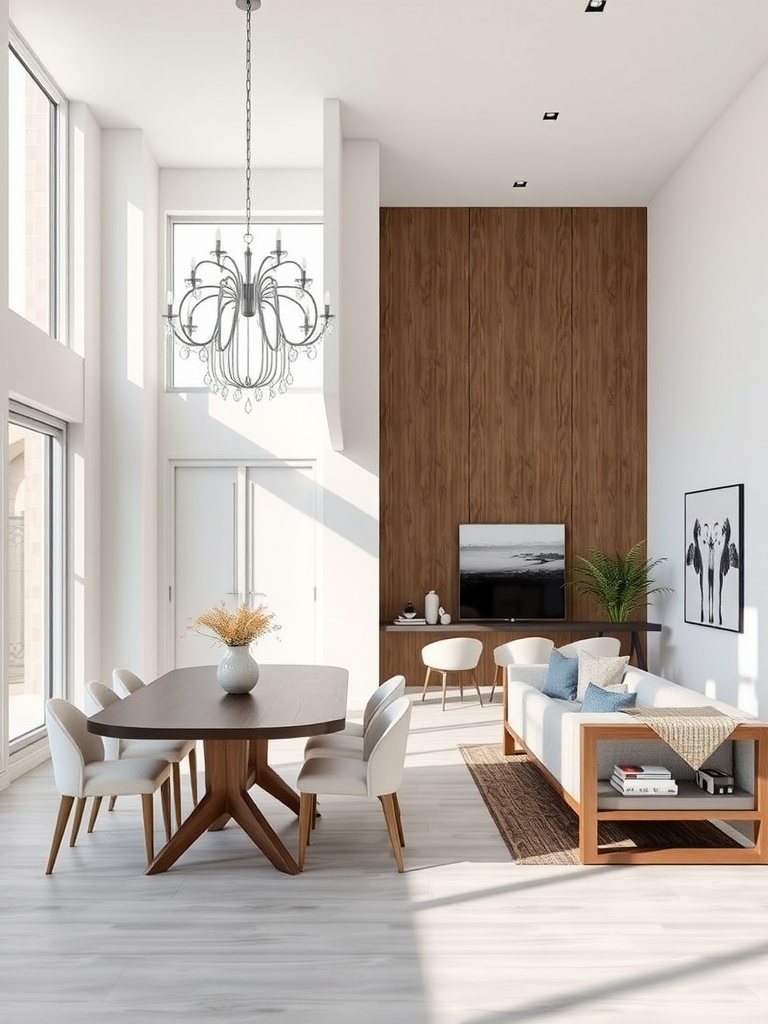 Open-concept living and dining room with a chandelier, wooden table, and cozy sofa.