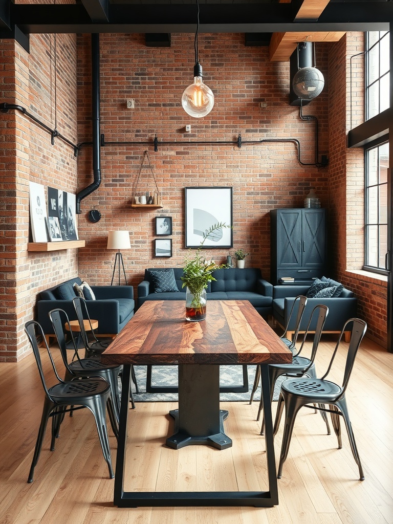 An industrial loft-style living and dining room combo featuring exposed brick walls, a wooden dining table with metal chairs, and a navy sofa.