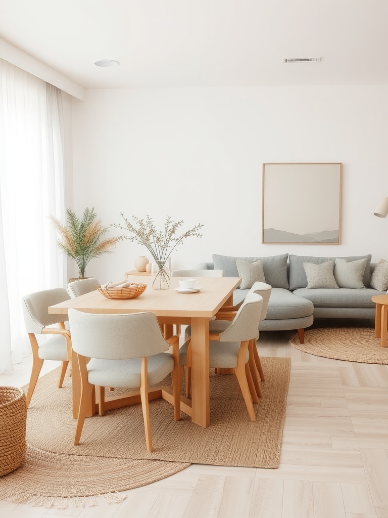 A neutral-toned living and dining room featuring a light wood dining table, gray couch, and natural decor elements.