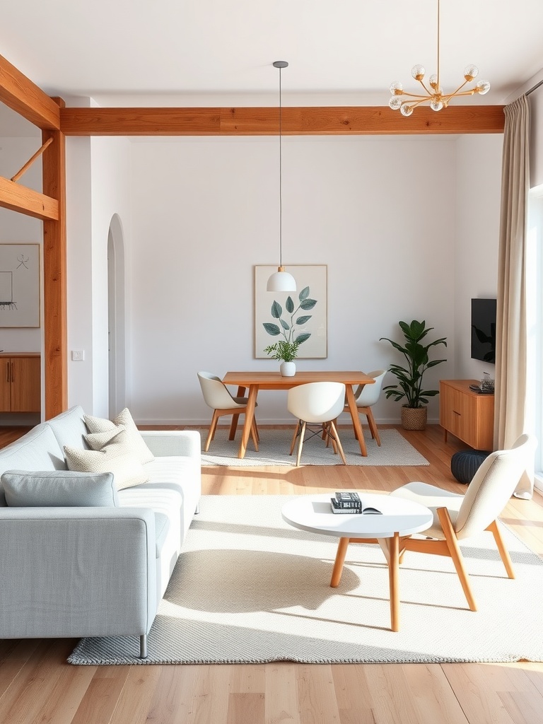 A bright Scandinavian style living room and dining room combo featuring wooden beams, a light sofa, and a wooden dining table.