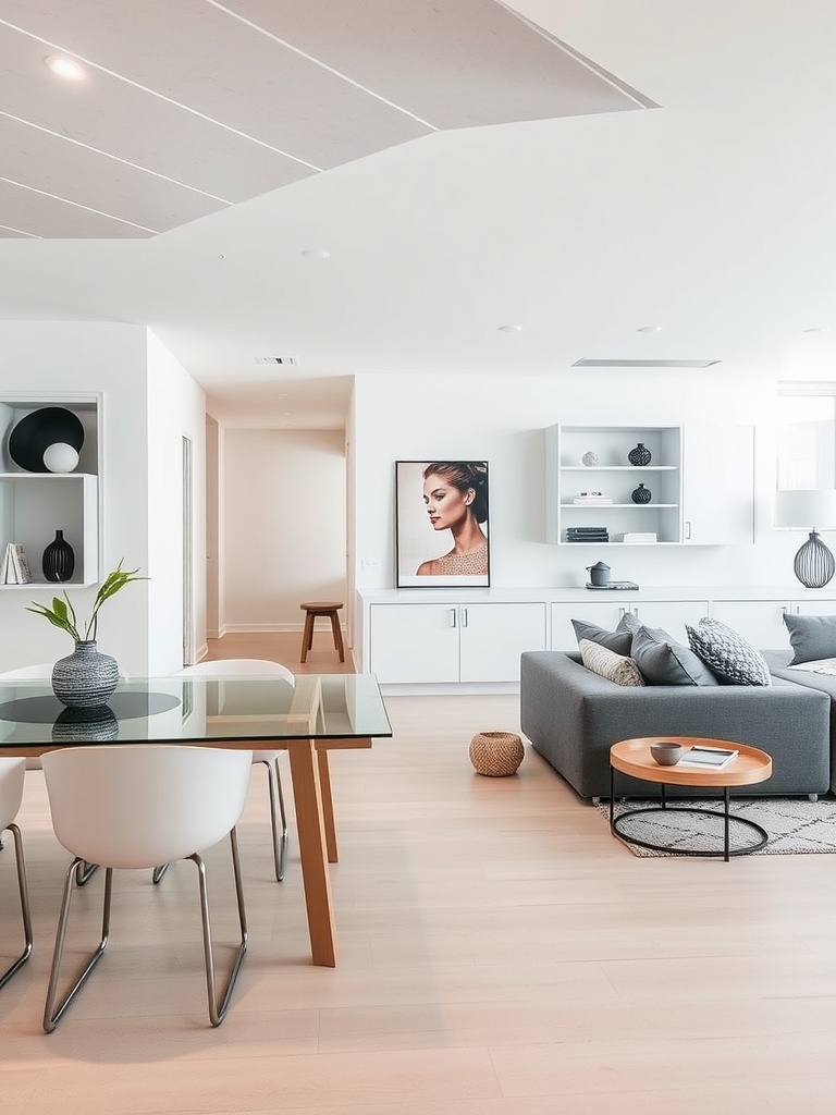 Sleek contemporary living and dining area featuring neutral tones and modern decor.