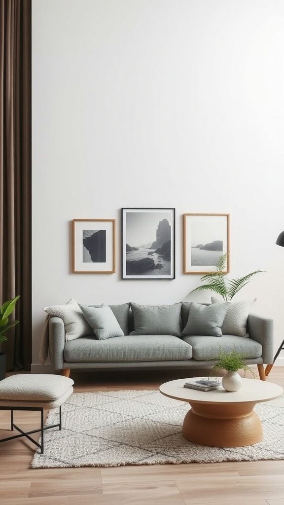 Minimalist living room with a light wall, three black-and-white framed pictures, a comfortable couch, and green plants.