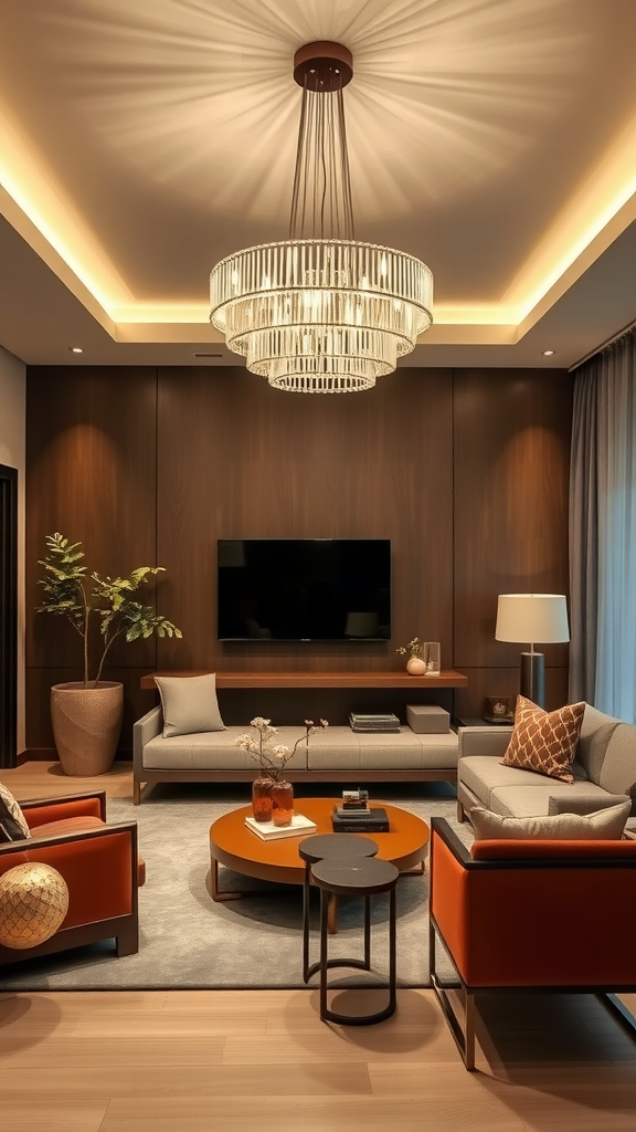 A modern living room featuring a striking chandelier, accent chairs, and stylish decor.