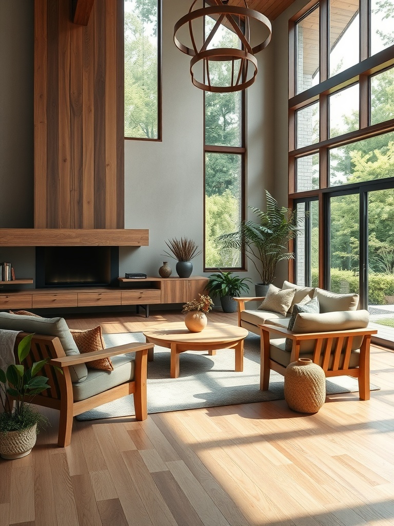 Spacious living room with large windows, wooden features, and plants for a natural look