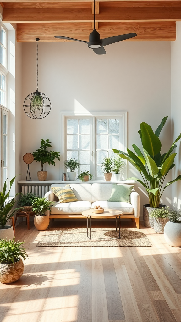 Bright and airy living room with plants, wooden ceiling beams, and natural light.