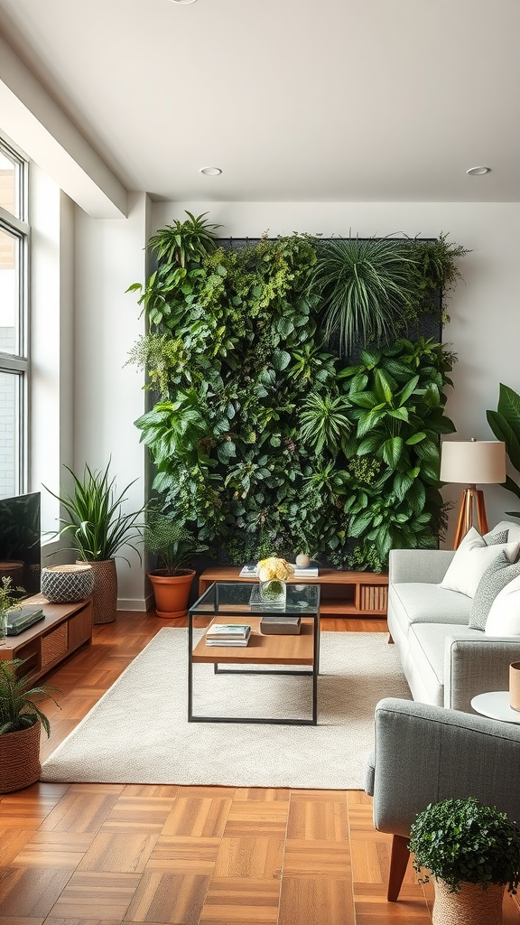 A stylish living room featuring a green wall with various plants, large windows letting in natural light, and modern furniture.