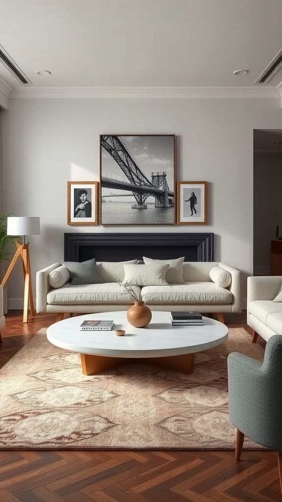 A stylish living room featuring a bold white round coffee table, a cozy sofa, and black and white artwork on the wall.