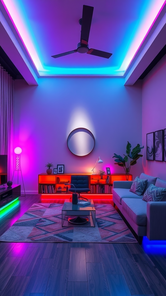 A vibrant living room with colorful accent lighting, featuring blue, pink, and red lights illuminating furniture and shelves.