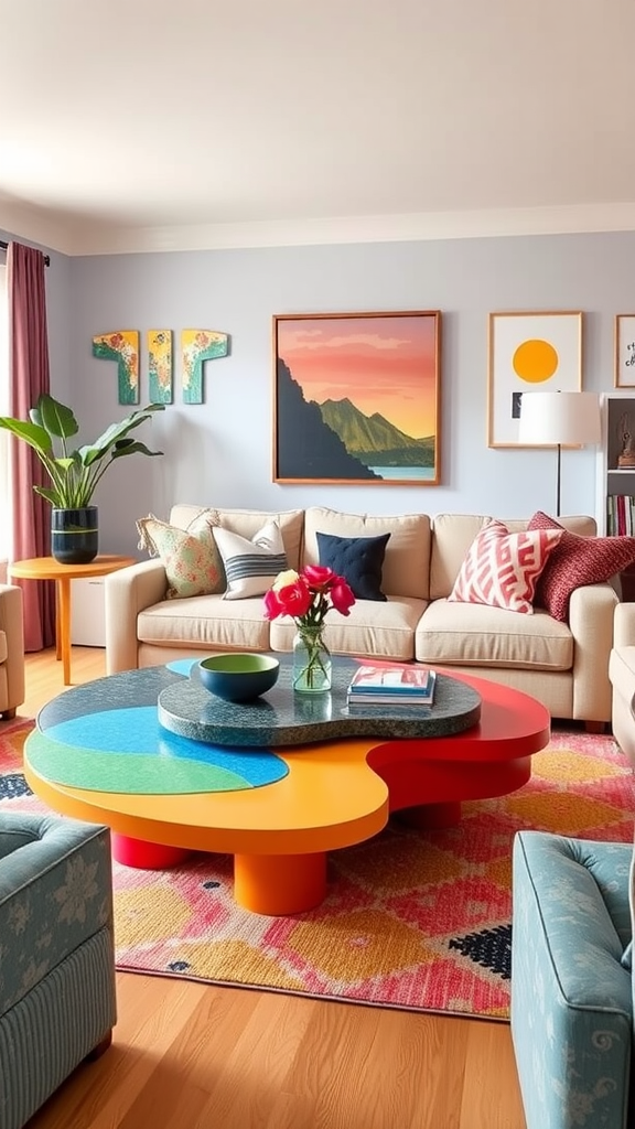 A colorful living room with a playful flower-shaped coffee table, teal walls, and a cozy sofa with cushions.