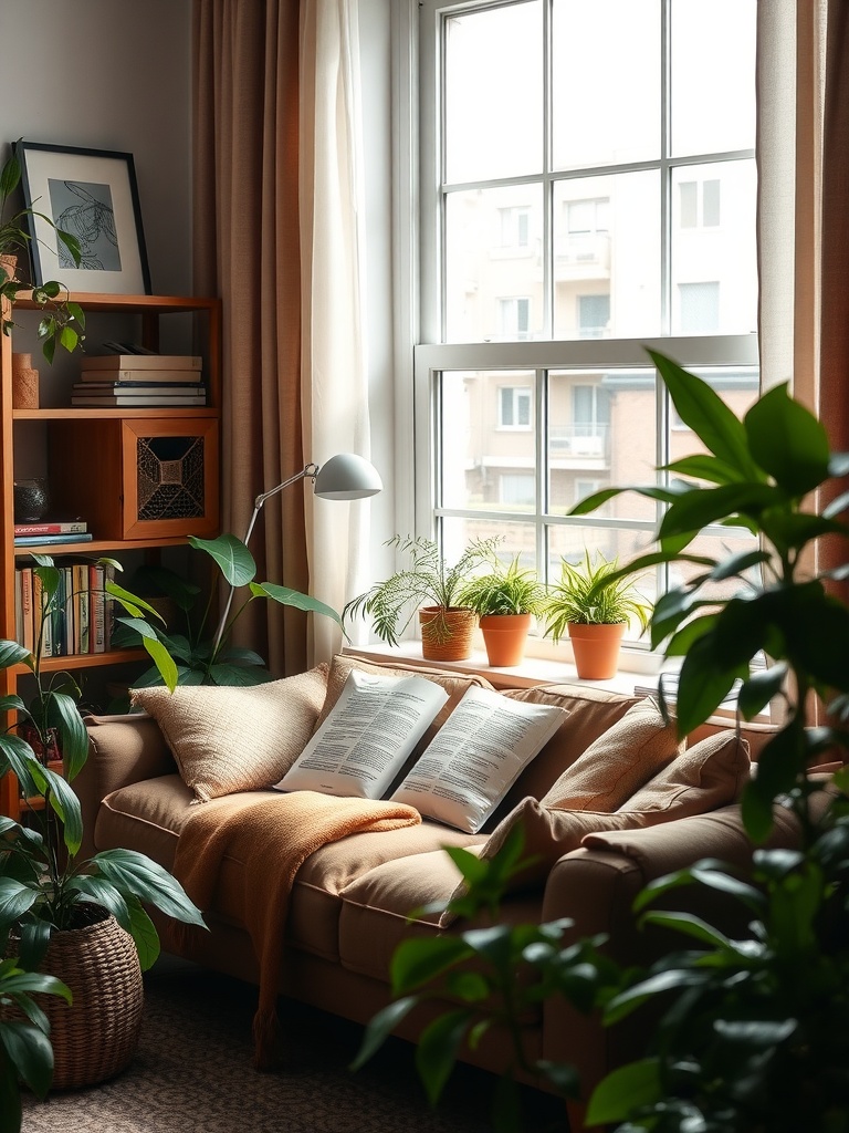 A cozy reading nook with a beige sofa, green plants, and a bright window.