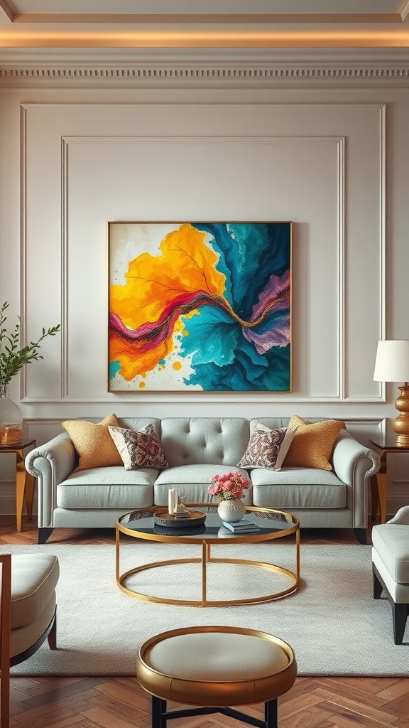 A colorful abstract artwork above a stylish sofa in a well-decorated living room.