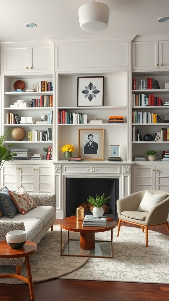 A modern living room with a curated bookshelf filled with colorful books, decorative plants, and art.