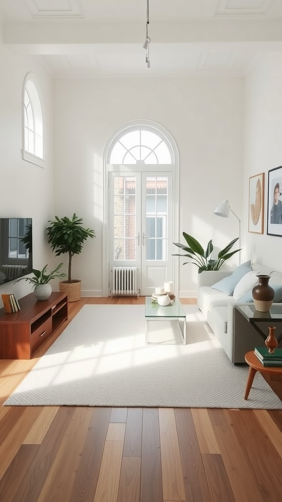 A minimalist living room with bright natural light, plants, and simple furniture.