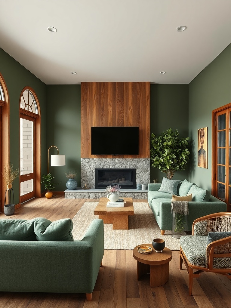 A cozy living room featuring earthy tones, green walls, wooden accents, and plants, creating a calming atmosphere.