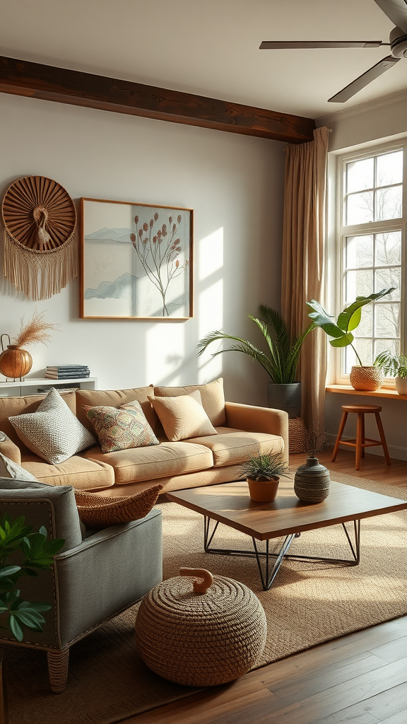 A cozy living room featuring earthy tones, natural decor, and plants.