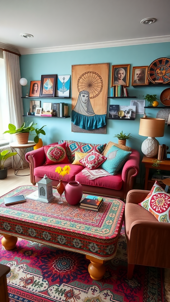 A cozy living room featuring a colorful coffee table, vibrant couch, and eclectic decor.