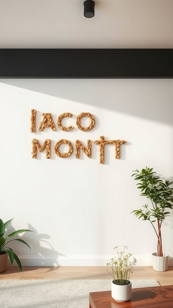 Eco-friendly wall art made from natural materials spelling 'IACOMONT' on a white wall with plants in the foreground.