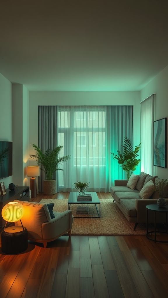 Cozy living room with eco-friendly lighting and indoor plants, showcasing a warm and inviting atmosphere.