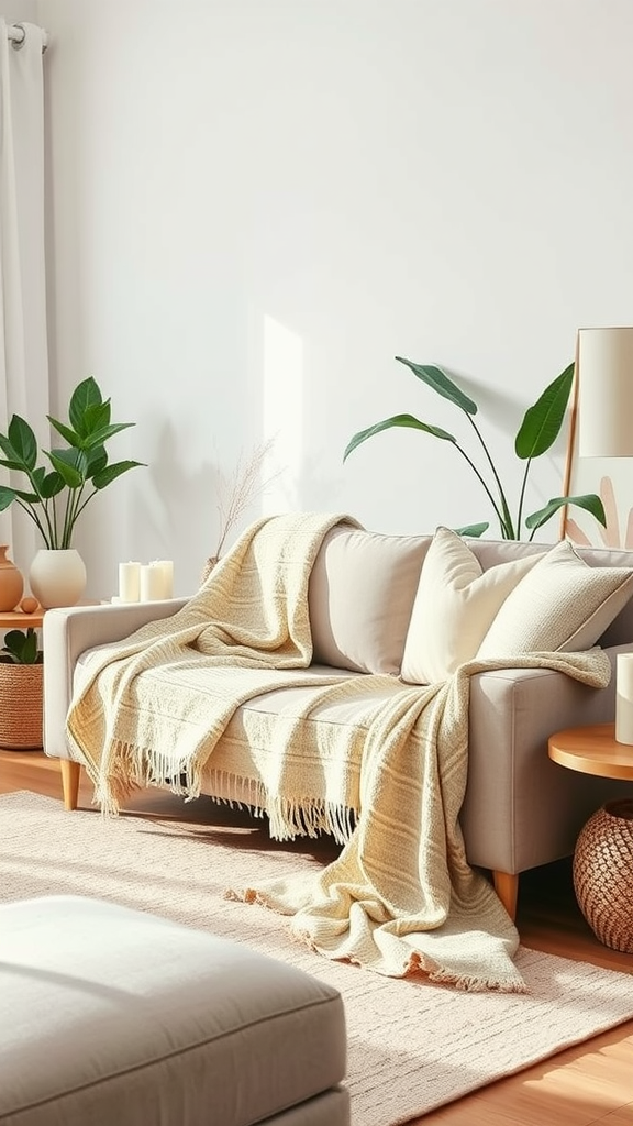 A cozy living room featuring a cream throw blanket on a light gray sofa, surrounded by plants and soft decor.