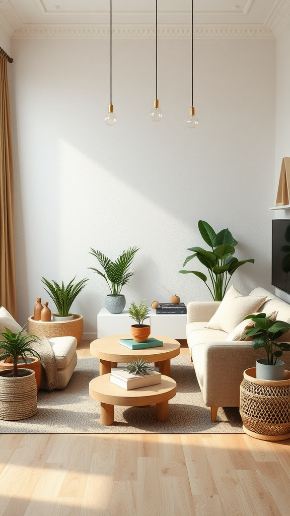 A cozy living room featuring earthy tones with plants and natural textures