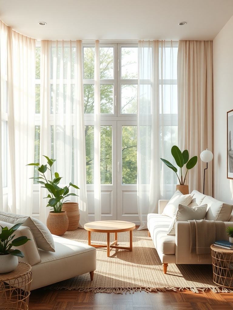 Bright living room with large windows, sheer curtains, and indoor plants.