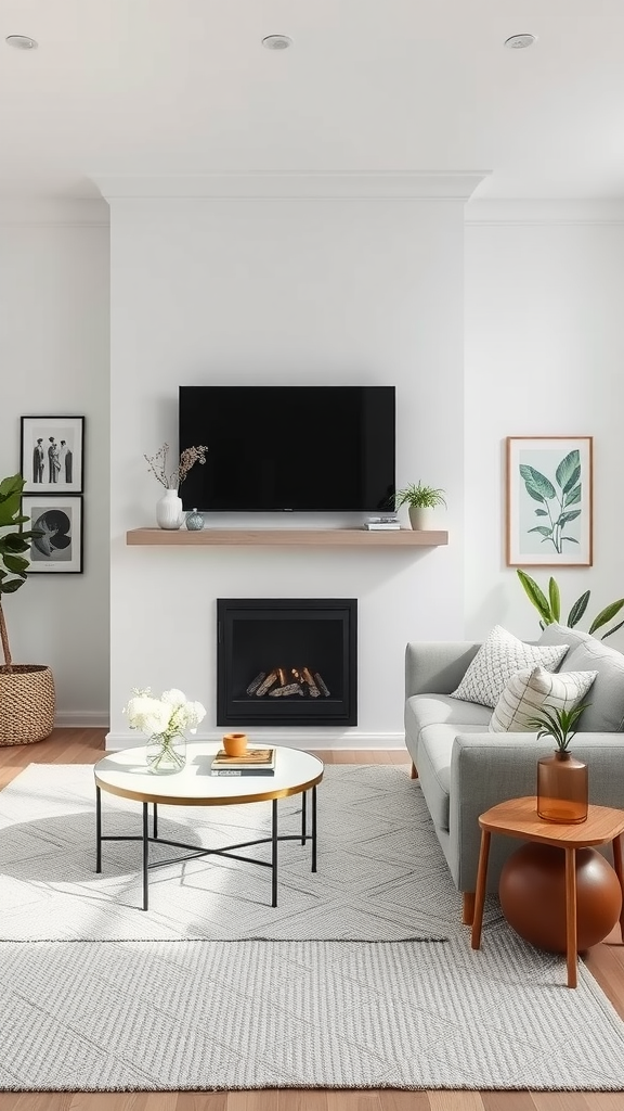 A minimalist living room featuring a cozy sofa, a sleek coffee table, a mounted TV, and a fireplace.