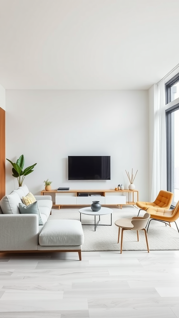 A minimalist living room featuring geometric furniture and decor