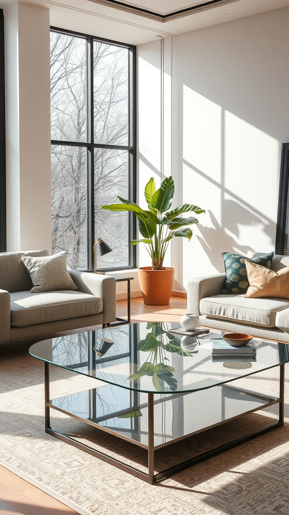 A modern living room featuring a glass coffee table with metal legs, surrounded by cozy sofas and a potted plant.