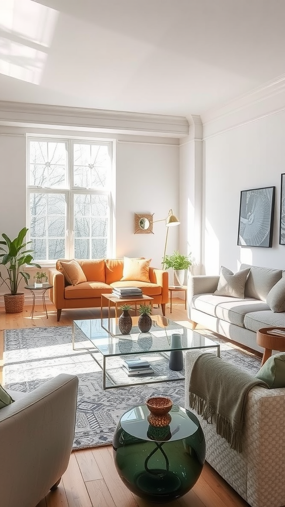 Bright living room with glass coffee table, large windows, and natural light.