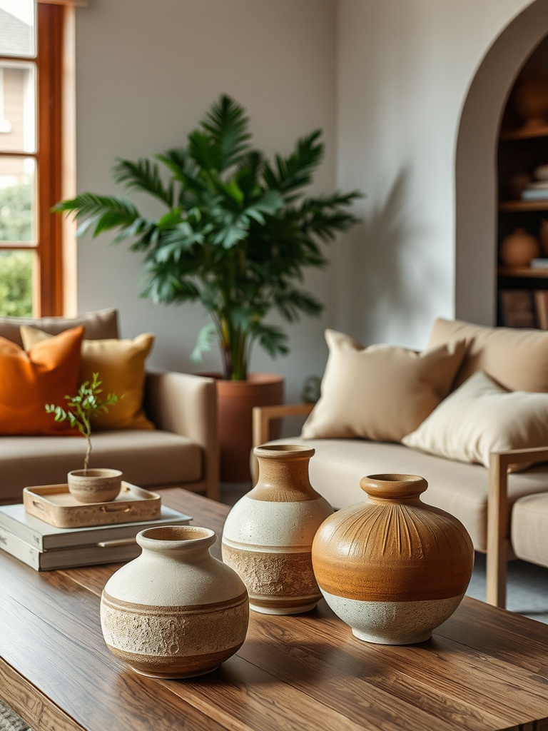 A cozy living room featuring an assortment of handmade pottery and ceramics, showcasing warm tones and unique designs.