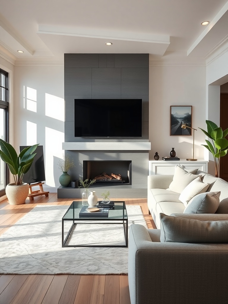 A calming living room with warm lighting, wooden beams, and plants, promoting a relaxing atmosphere.