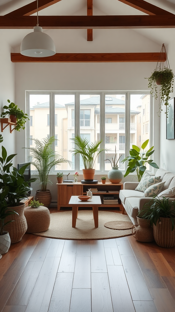 A bright living room with large windows, filled with various indoor plants, wooden furniture, and a round jute rug.