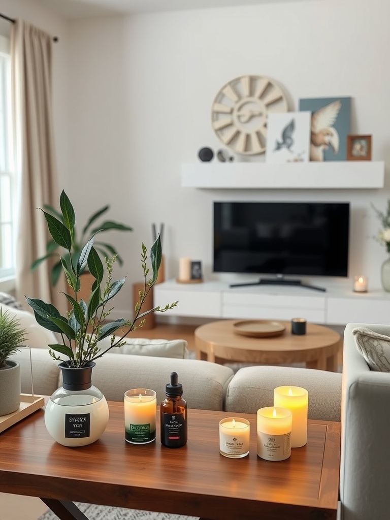 A cozy living room featuring candles and a plant on a coffee table, creating a calming atmosphere.