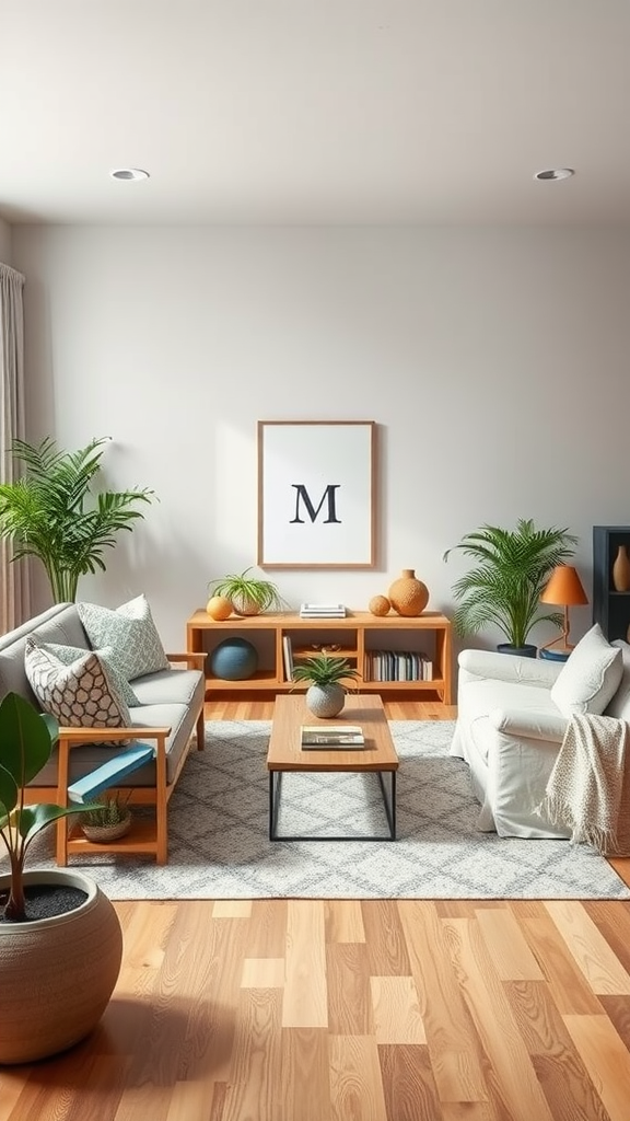 A stylish living room featuring sustainable materials, plants, and a warm color palette.