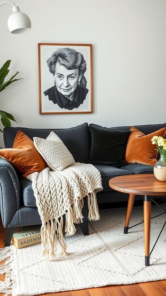 A cozy living room featuring a dark sofa with cushions, a knitted throw, a wooden coffee table, and framed artwork on the wall.