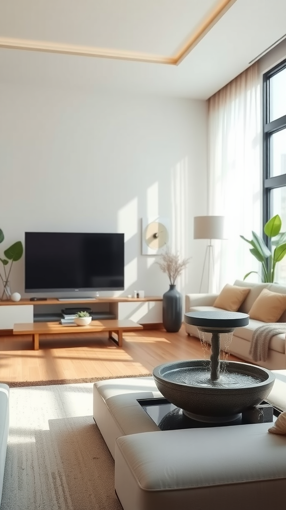 Stylish living room featuring an indoor fountain, modern furniture, and ample natural light