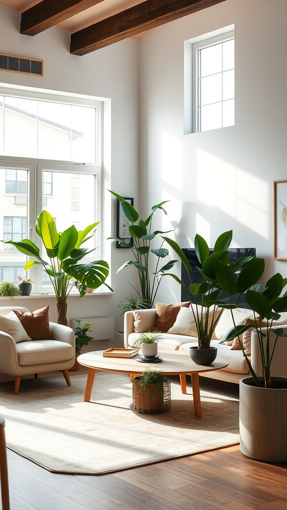 A bright living room with various indoor plants, showcasing a cozy and natural decor.