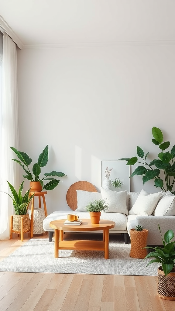 A minimalist living room featuring a variety of indoor plants, a light-colored couch, and a wooden coffee table.