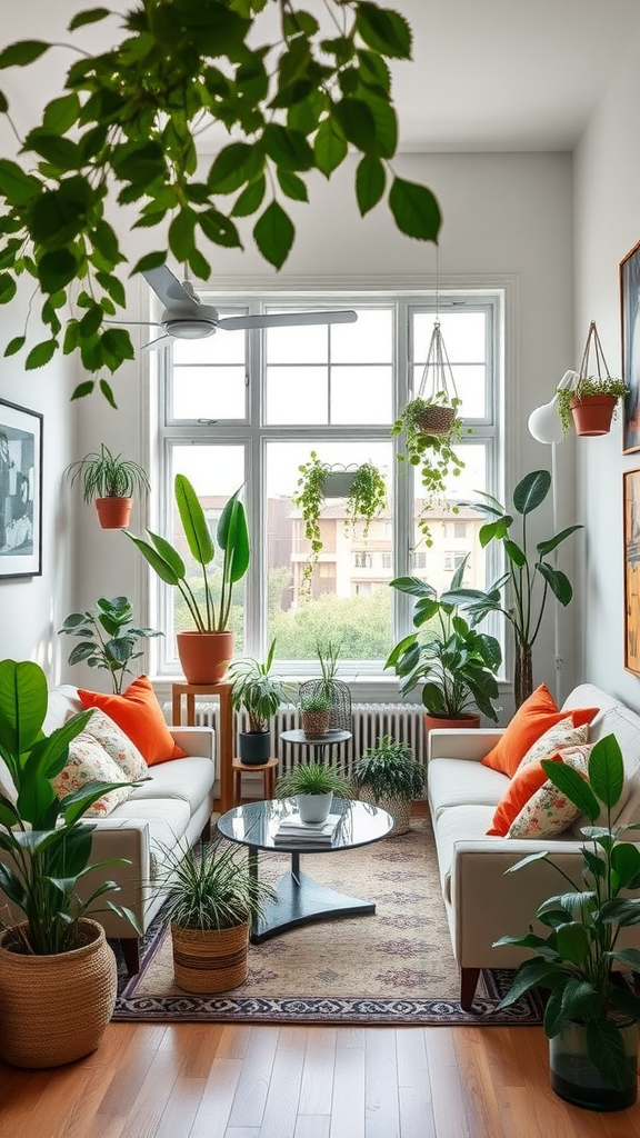 A cozy living room filled with various indoor plants, bright cushions, and a coffee table.