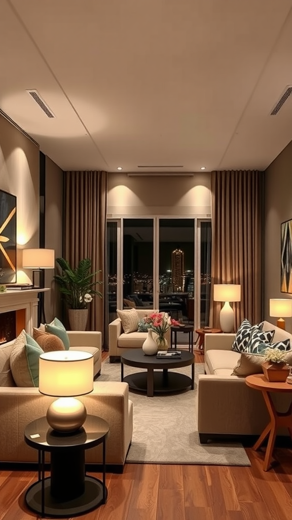 A warm living room with layered lighting, featuring floor lamps and table lamps for a cozy atmosphere.