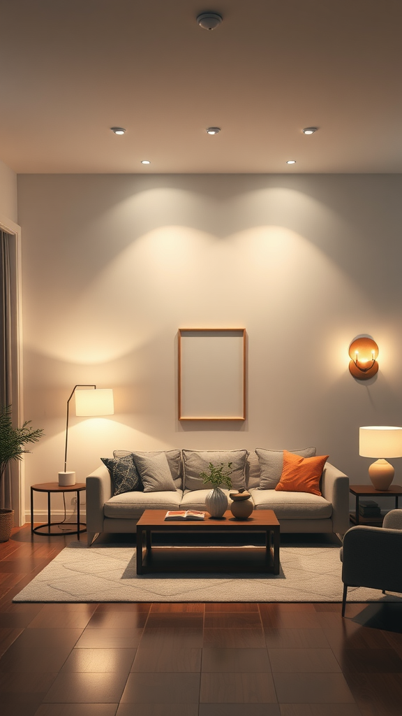 A cozy living room showcasing layered lighting techniques with recessed lights, floor lamps, and table lamps.