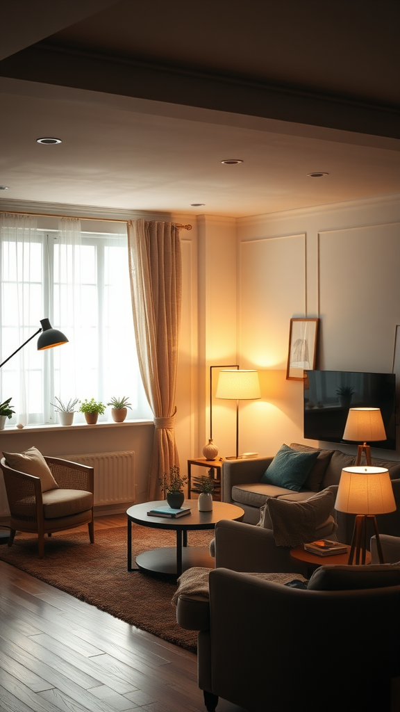 A cozy living room with layered lighting from floor lamps and table lamps, complemented by natural light from the window.