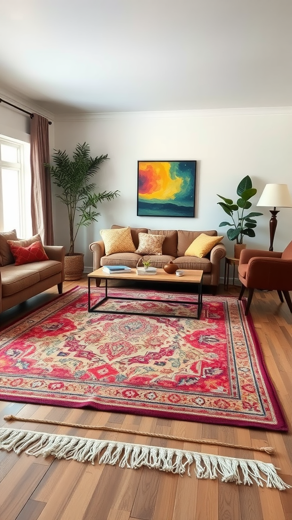 A cozy living room with a layered rug, featuring a colorful area rug on hardwood flooring and inviting furniture.