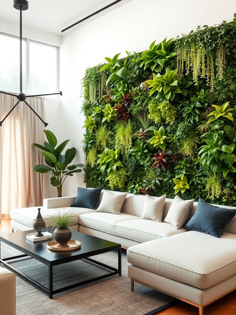 A modern living room with a vertical garden on the wall, featuring various green plants and a cozy seating arrangement.