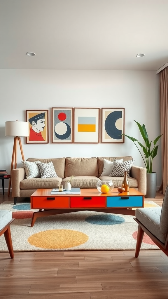 A living room with mid-century modern influences featuring a colorful coffee table, a beige sofa, and abstract wall art.