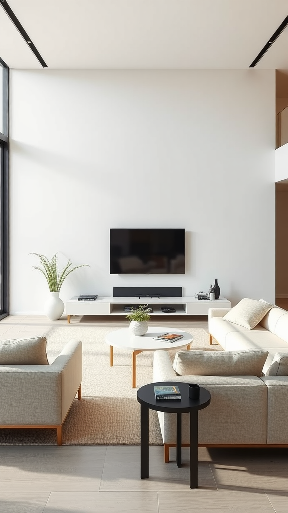 Modern living room with minimalist furniture, featuring clean lines and a bright, airy atmosphere.